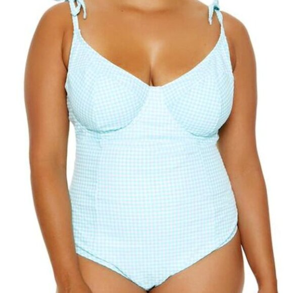 Forever21 Plus Size 3X One Piece Swimsuit Light Aqua White Gingham - Picture 3 of 8